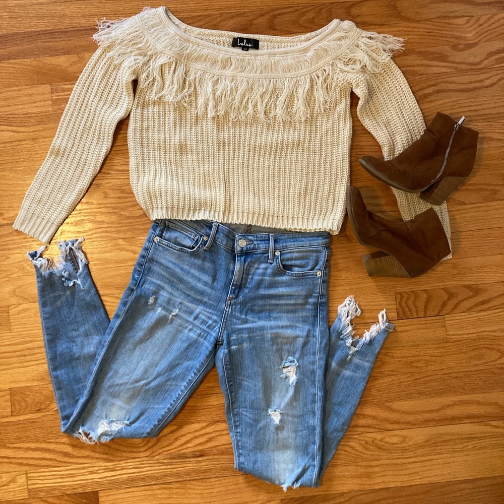 Lulus Off the Shoulder Fringe Sweater NWOT